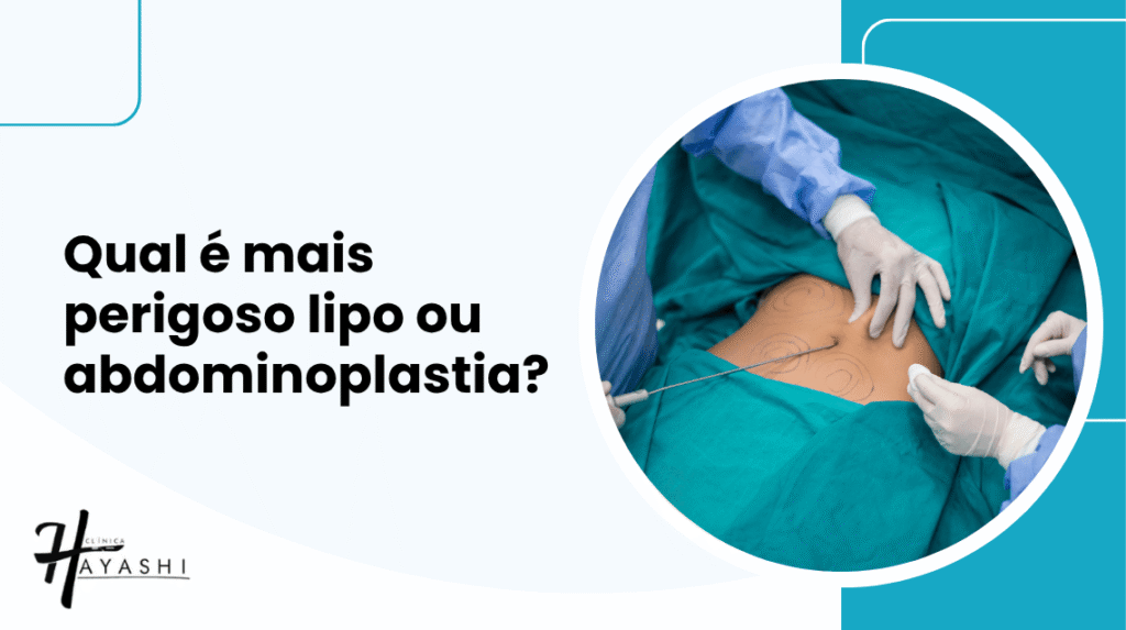 Capa sobre os riscos de lipoaspiração e abdominoplastia, com imagem de procedimento cirúrgico abdominal.